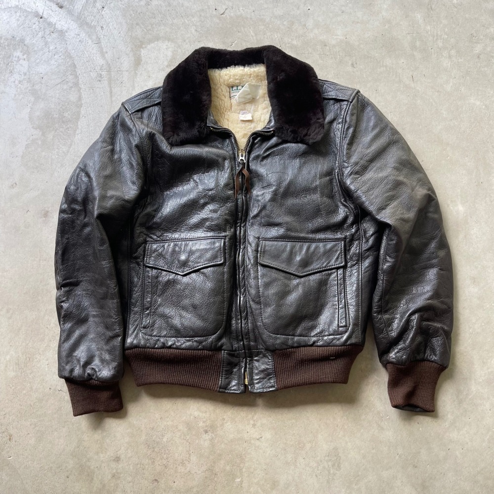 LL Bean Vintage Brown Leather G-1 Flight Jacket Shearling Collar Mens 42